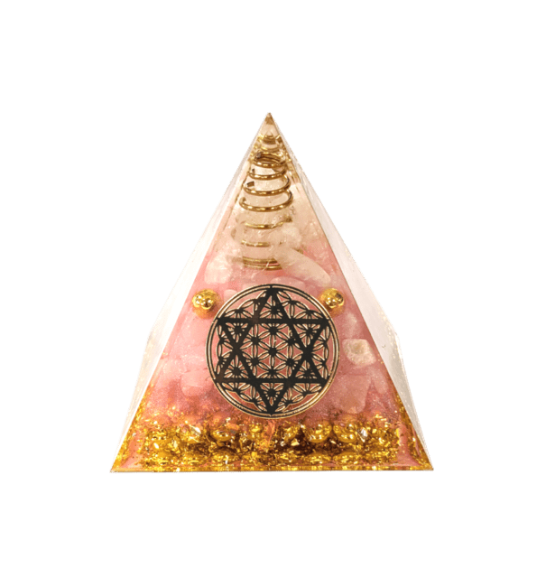 Orgonit Piramida Kryształ górski i pentagram kwiatu życia z różowego kwarcu