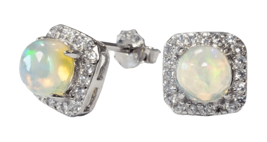 Kwadratowe kolczyki pasjans 925 srebrny opal i kryształ górski AA 7,2 mm