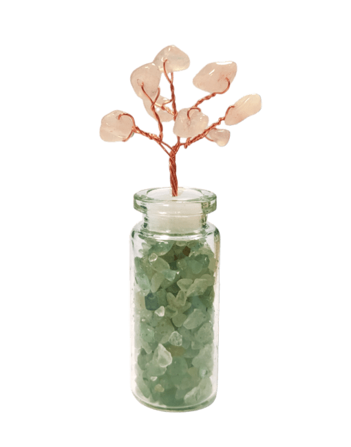 Drzewo życia Kwarc różowy na fiolce z kawałkami zielonego awenturynu 8 cm