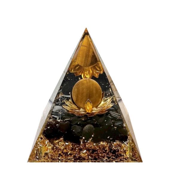 Piramida orgonitowa Tygrysie oko i czarny obsydianowy lotos