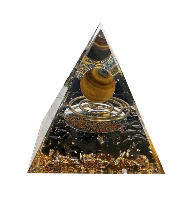 Piramida orgonitowa Tygrysie oko i czarne obsydianowe drzewo życia i spirala