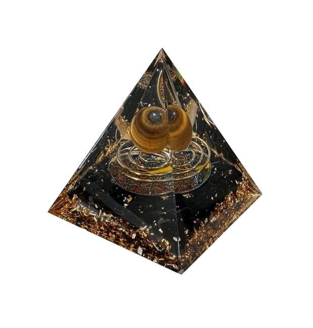 Piramida orgonitowa Tygrysie oko i czarne obsydianowe drzewo życia i spirala