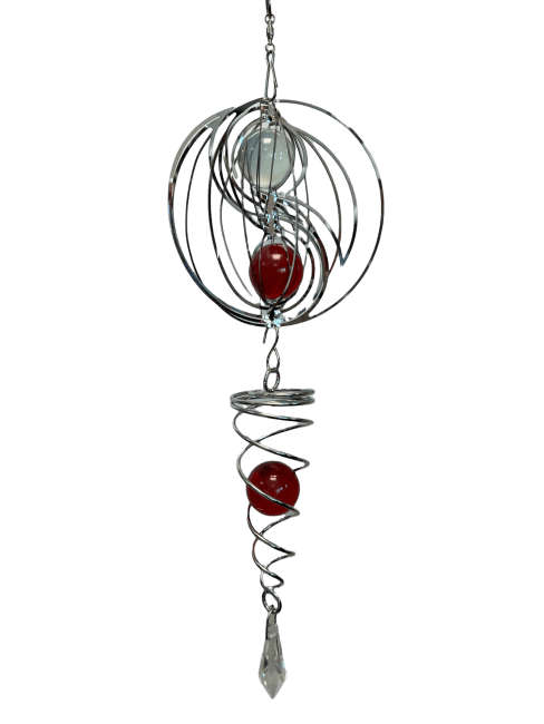 Stalowy dzwonek wietrzny 3D spirala yin yang z czerwoną kulką 10cm